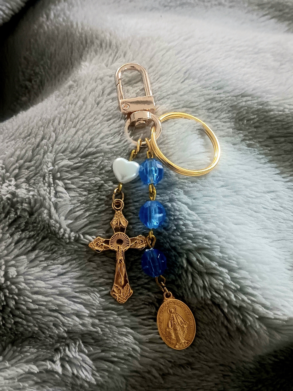 Gold-Tone Rosary Keychain with Blue Beads and White Heart Charm